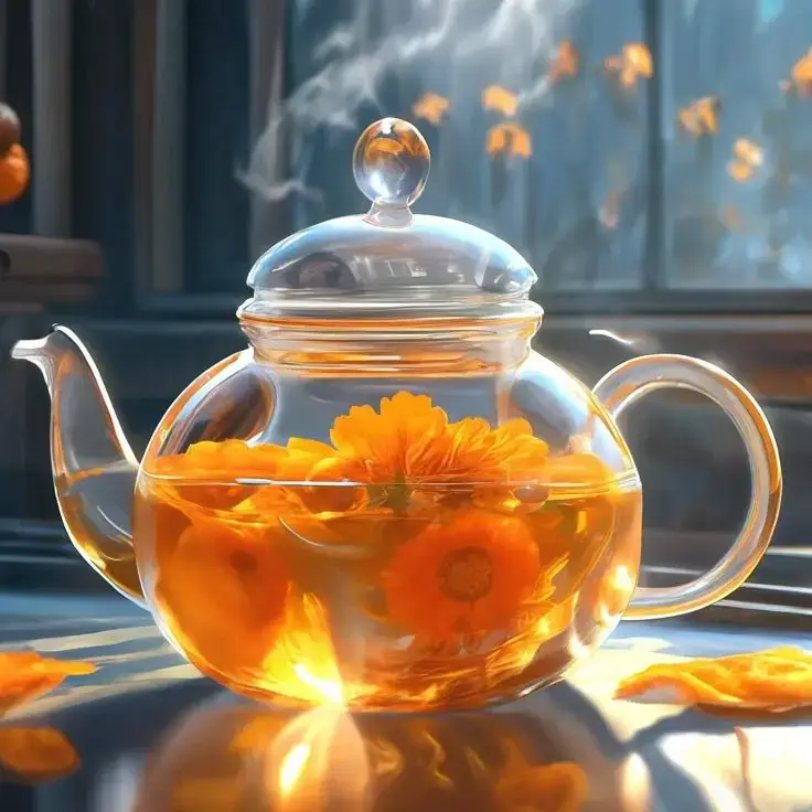 An elegant glass teapot with blooming tea inside.