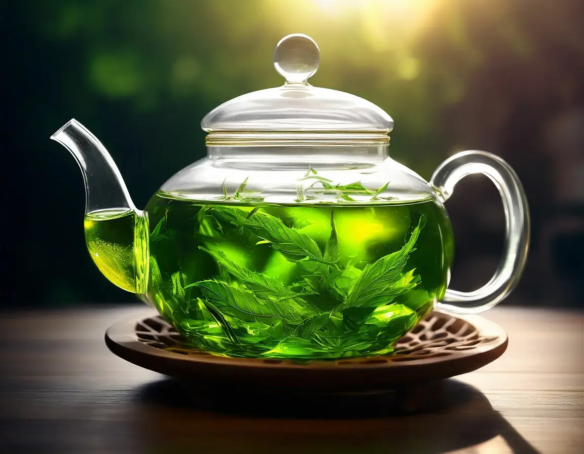 A transparent teapot with blooming Oolong tea leaves inside.