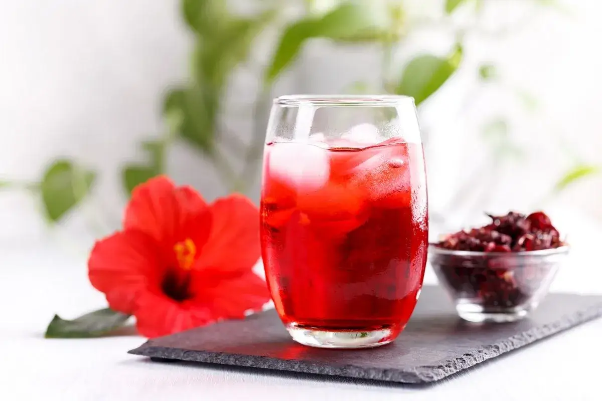 A dark red hibiscus iced tea in a tall glass with a slice of lemon.