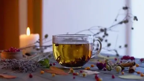 A cup of Autumn Glow Herbal tea.