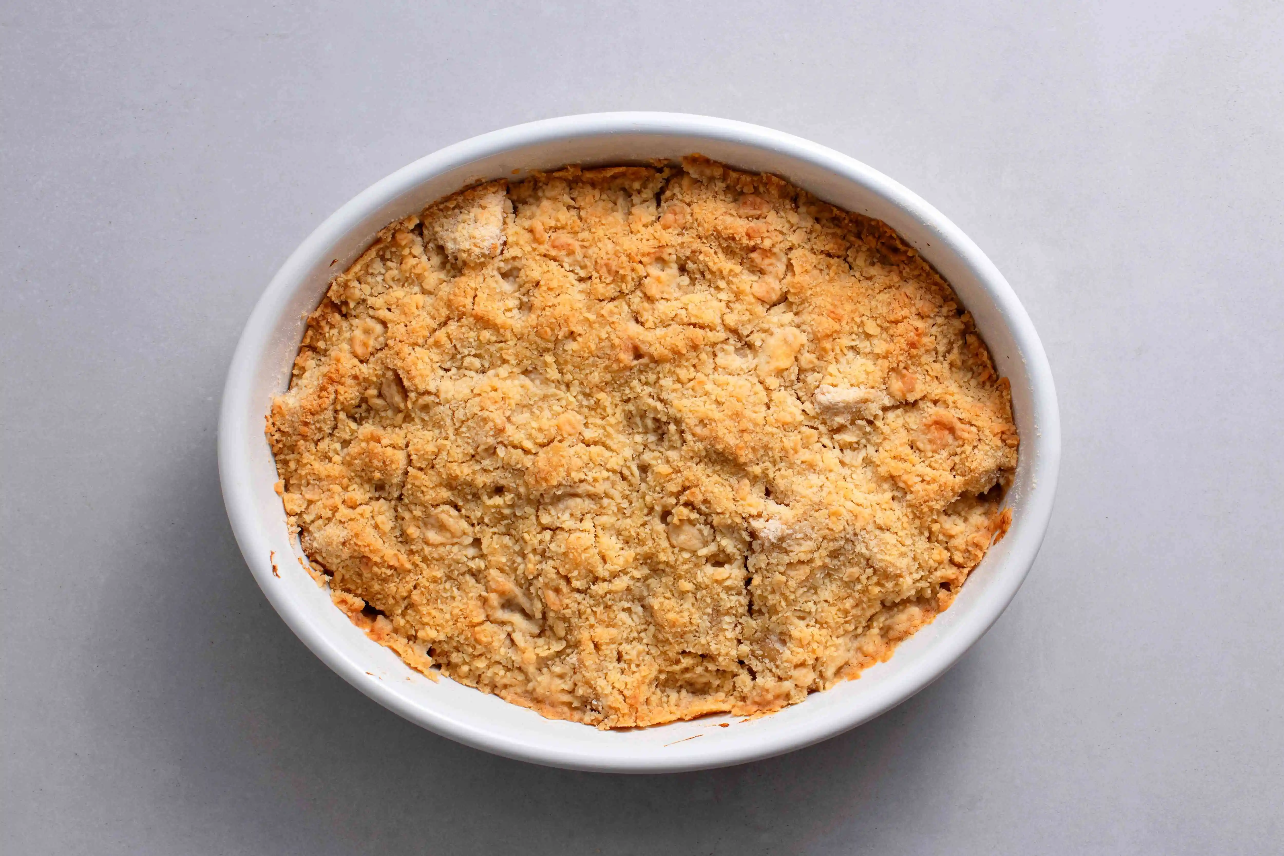 A warm, freshly baked apple crumble.